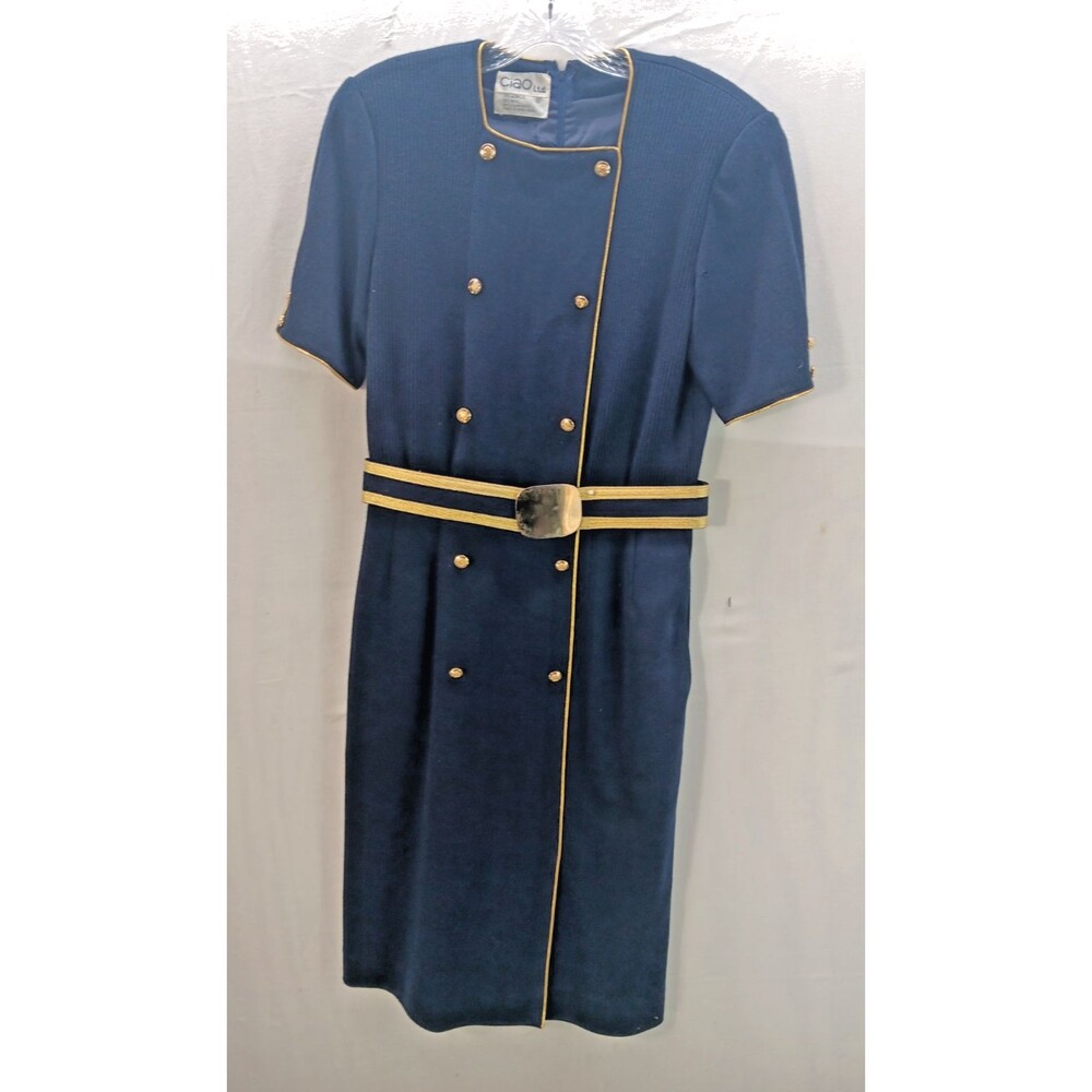 Vintage CIAO Ltd Navy Blue Wool Knit Dress Sz 8 Shoulder Pads Pockets 1970s